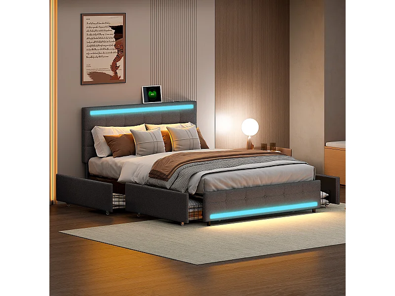 Letto matrimoniale 140x200 cm con LED, 4 cassetti, porta USB, tessuto grigio, rete a doghe, stile moderno.