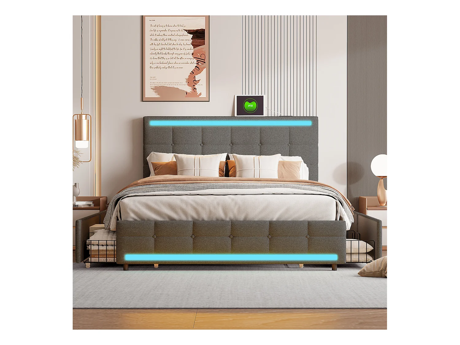 Lit Double 140x200 Cm Avec LED, 4 Tiroirs, Port USB, Tissu Gris, Sommier à Lattes, Style Moderne.