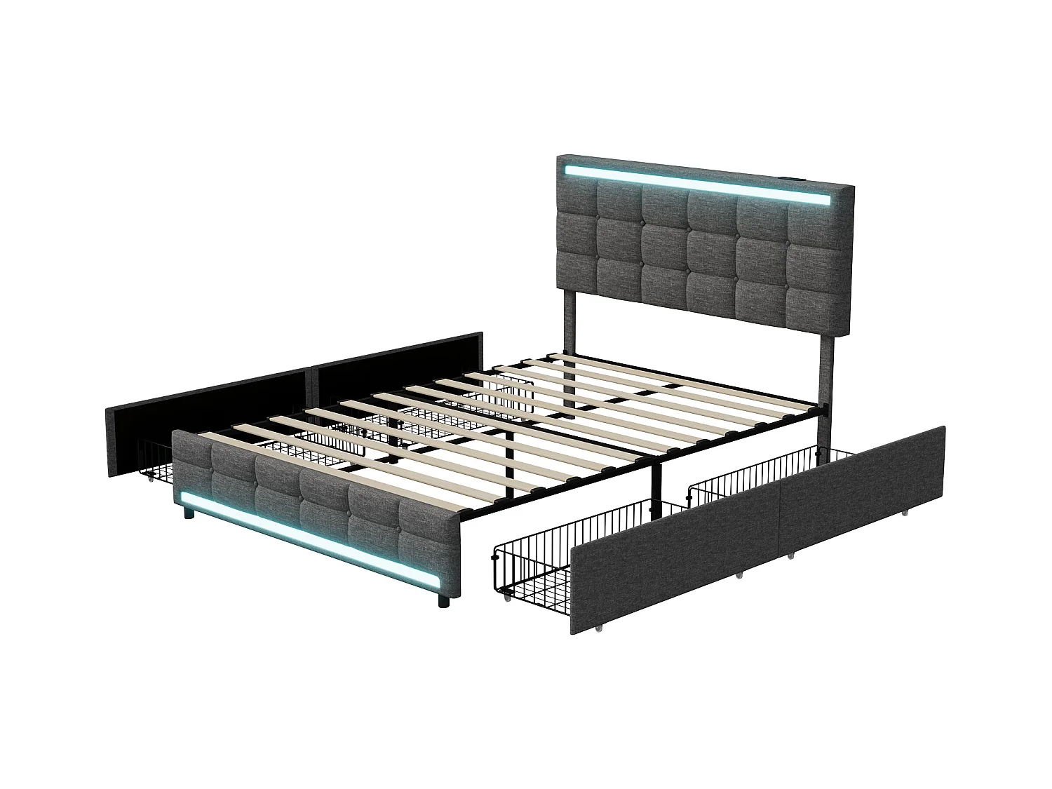 Lit Double 140x200 Cm Avec LED, 4 Tiroirs, Port USB, Tissu Gris, Sommier à Lattes, Style Moderne.