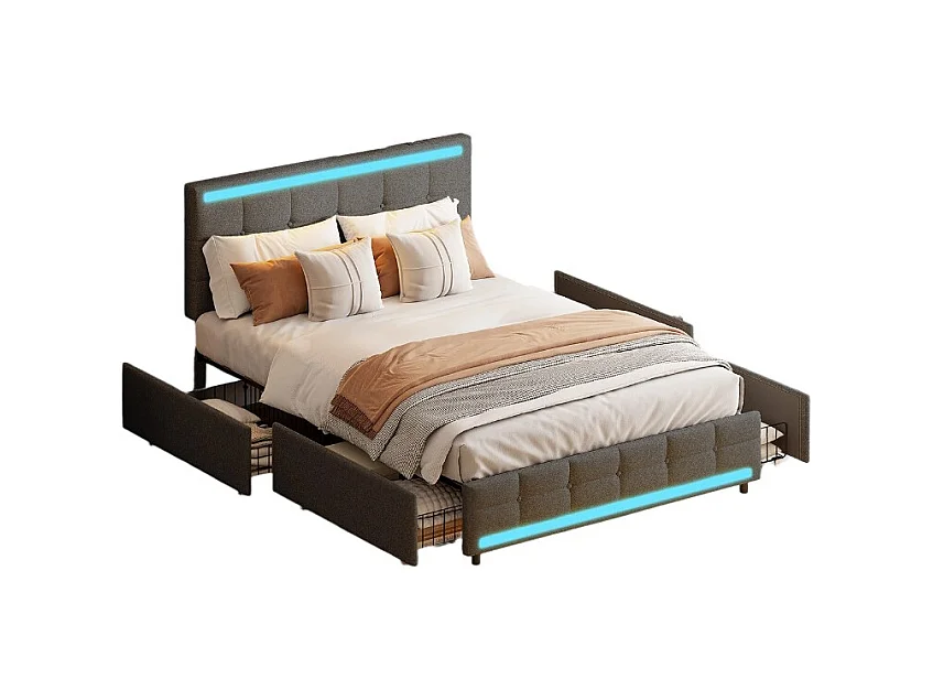 Lit Double 140x200 Cm Avec LED, 4 Tiroirs, Port USB, Tissu Gris, Sommier à Lattes, Style Moderne.