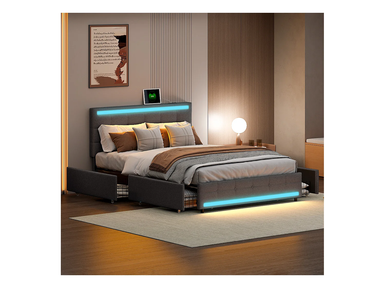 Lit Double 140x200 Cm Avec LED, 4 Tiroirs, Port USB, Tissu Gris, Sommier à Lattes, Style Moderne.