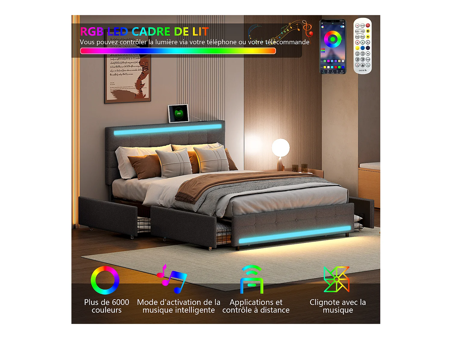 Tweepersoonsbed 140x200 cm met LED, 4 lades, USB-aansluiting, grijze stof, lattenbodem, moderne stijl.