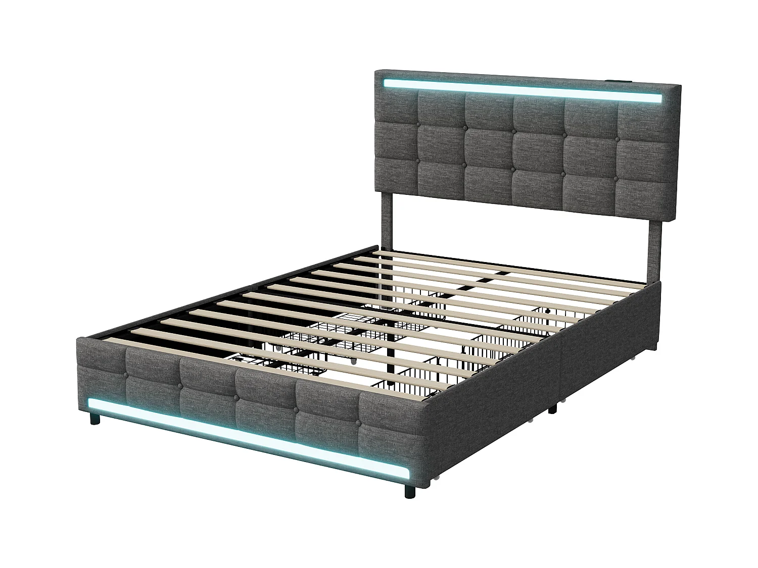 Tweepersoonsbed 140x200 cm met LED, 4 lades, USB-aansluiting, grijze stof, lattenbodem, moderne stijl.