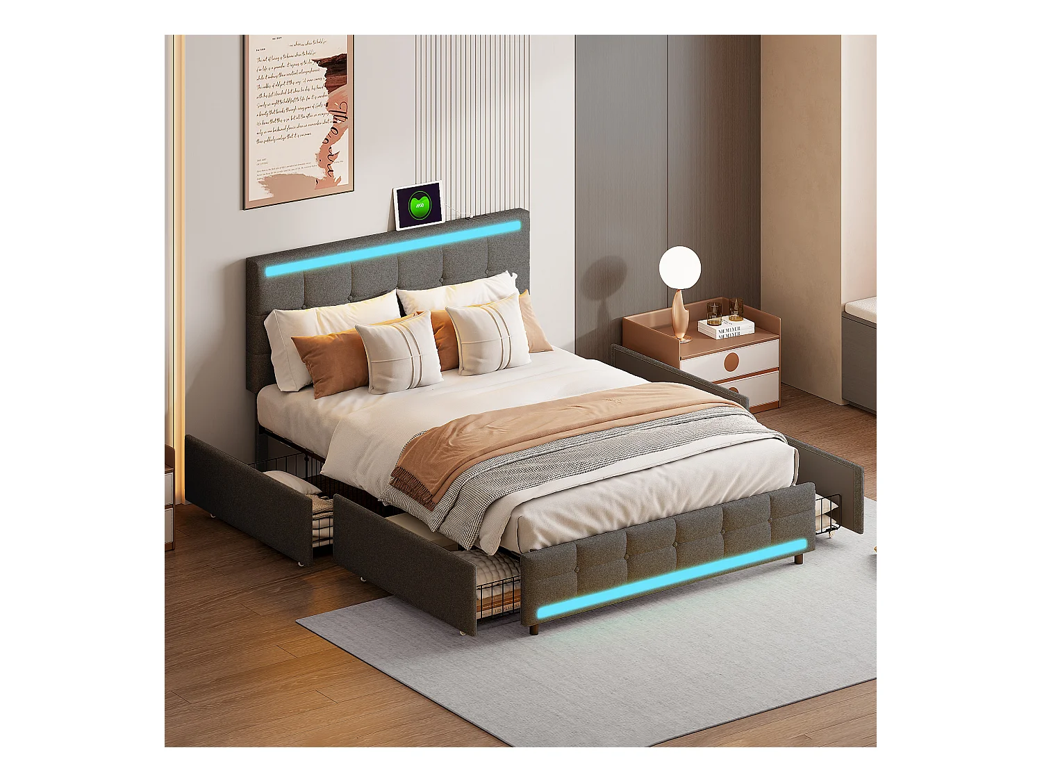 Tweepersoonsbed 140x200 cm met LED, 4 lades, USB-aansluiting, grijze stof, lattenbodem, moderne stijl.