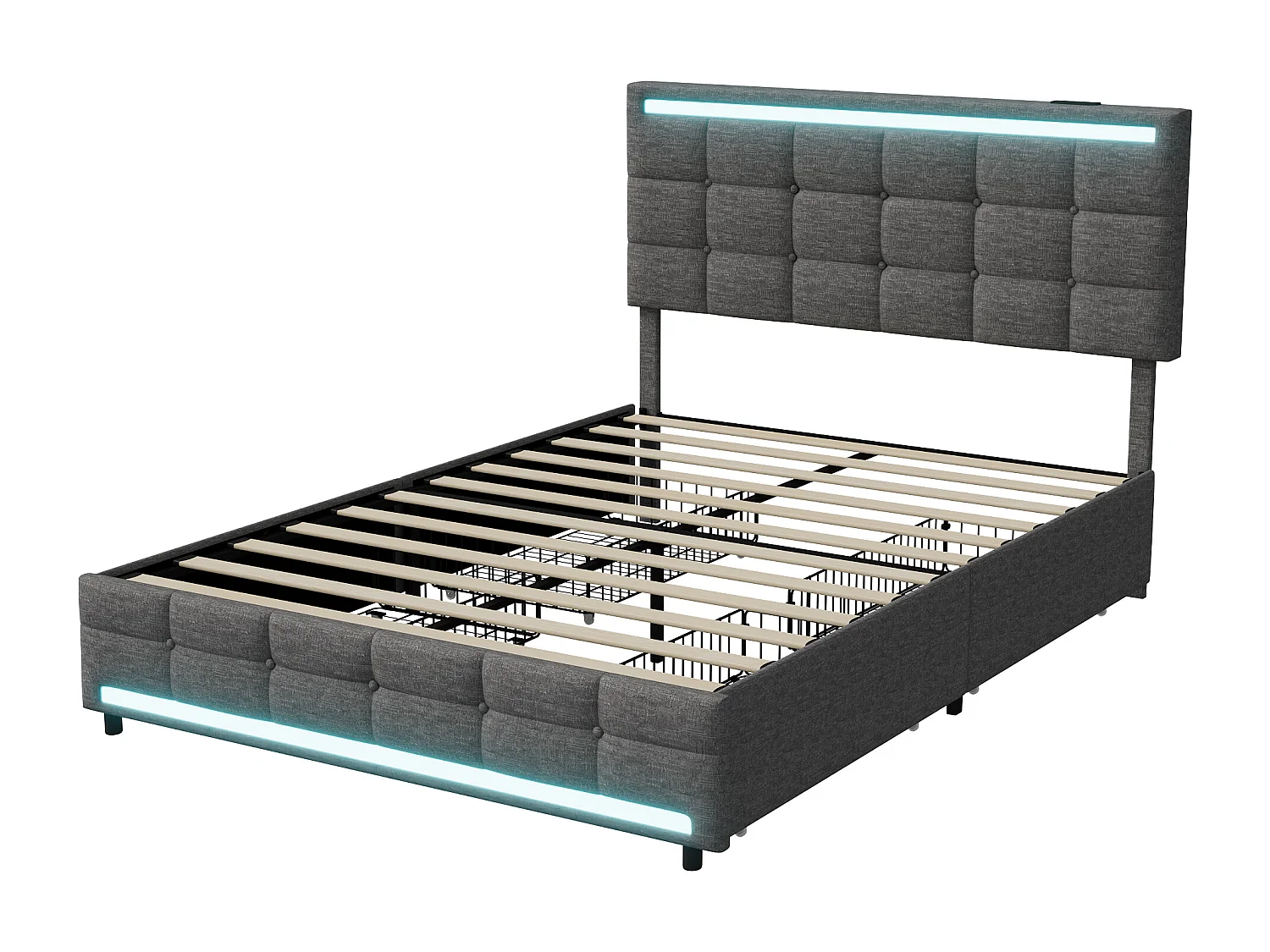 Tweepersoonsbed 140x200 cm met LED, 4 lades, USB-aansluiting, grijze stof, lattenbodem, moderne stijl.