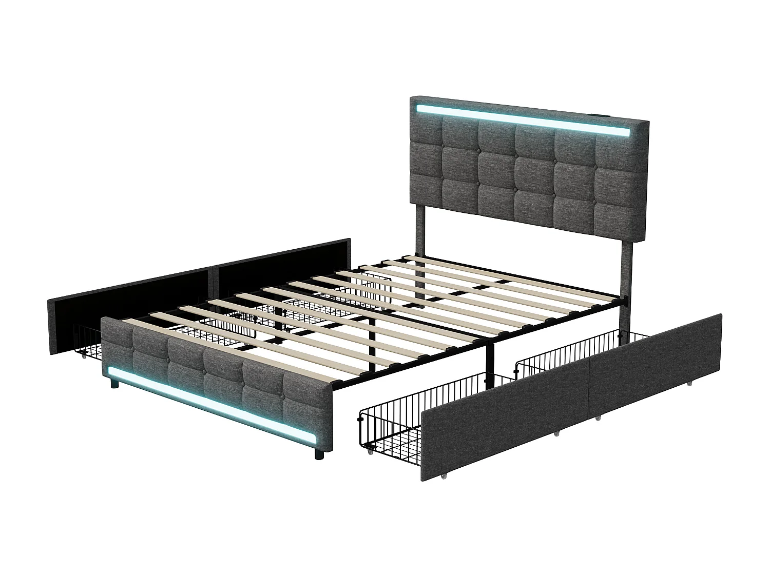 Tweepersoonsbed 140x200 cm met LED, 4 lades, USB-aansluiting, grijze stof, lattenbodem, moderne stijl.