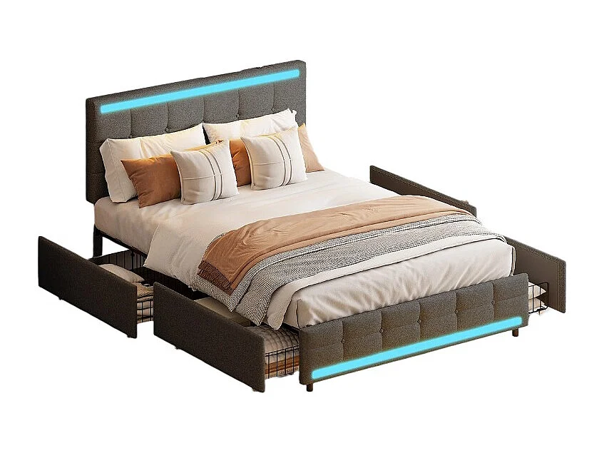 Tweepersoonsbed 140x200 cm met LED, 4 lades, USB-aansluiting, grijze stof, lattenbodem, moderne stijl.