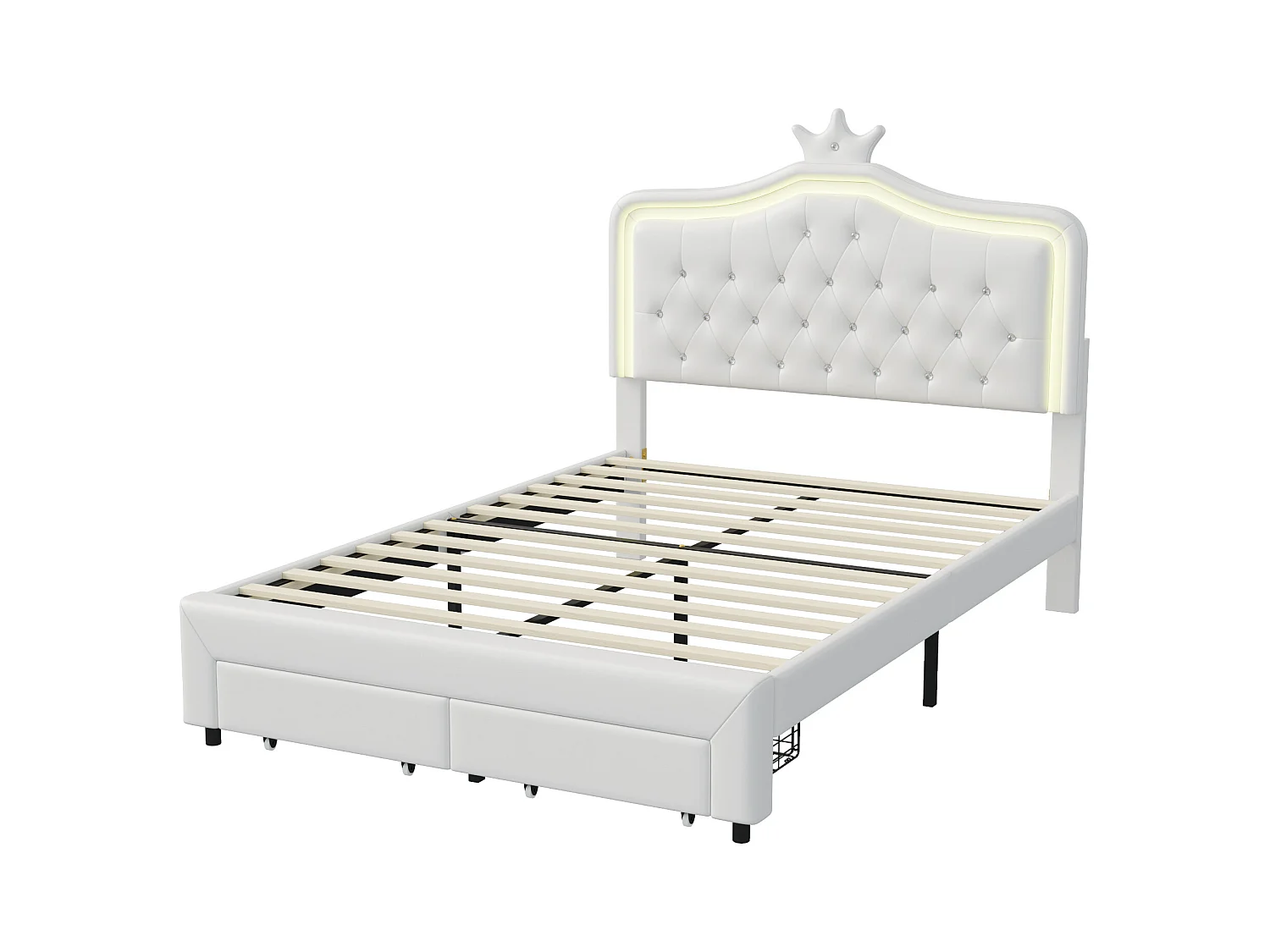 Lit Double 140x200 Cm, Simple Avec Sommier à Lattes, Tiroirs, LED, Lit Princesse Avec Couronne,blanc