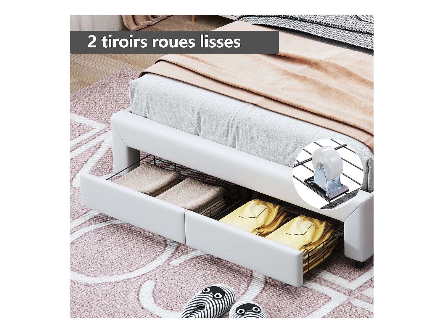 Lit Double 140x200 Cm, Simple Avec Sommier à Lattes, Tiroirs, LED, Lit Princesse Avec Couronne,blanc