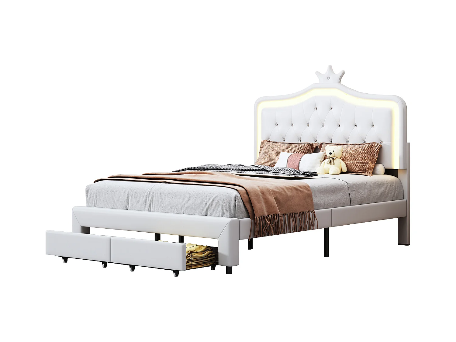 Lit Double 140x200 Cm, Simple Avec Sommier à Lattes, Tiroirs, LED, Lit Princesse Avec Couronne,blanc