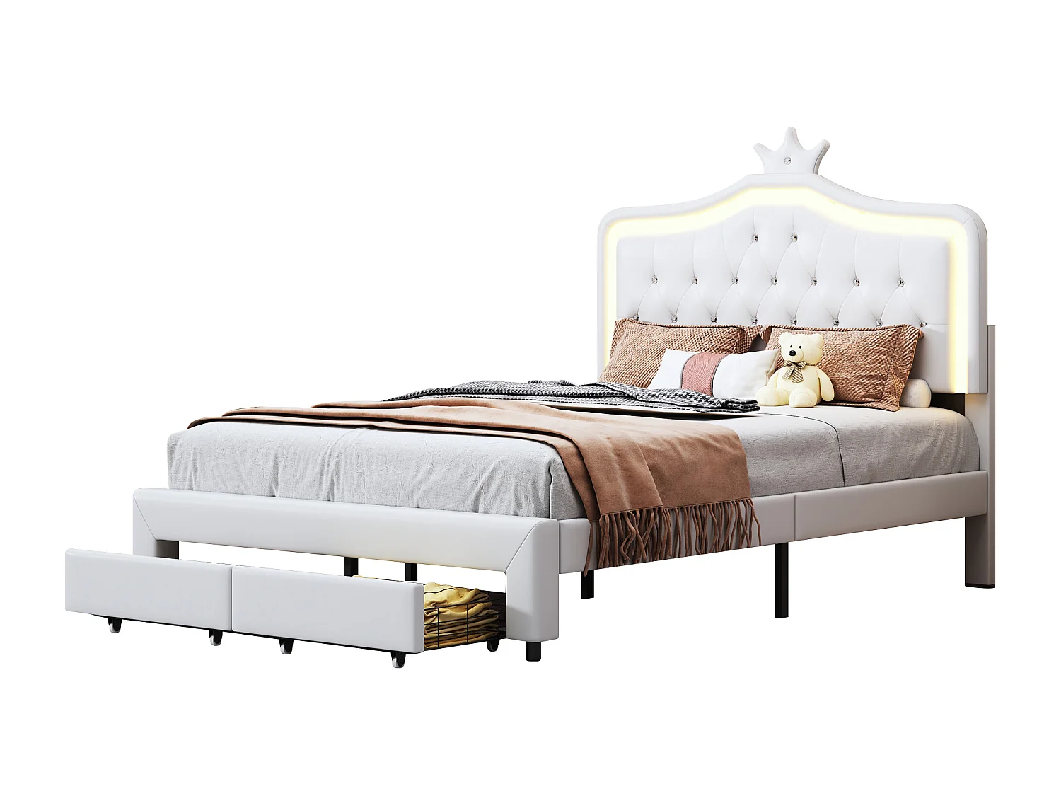 Letto matrimoniale 140x200 cm, letto singolo con rete a doghe, cassetti, LED, letto principessa con corona, bianco