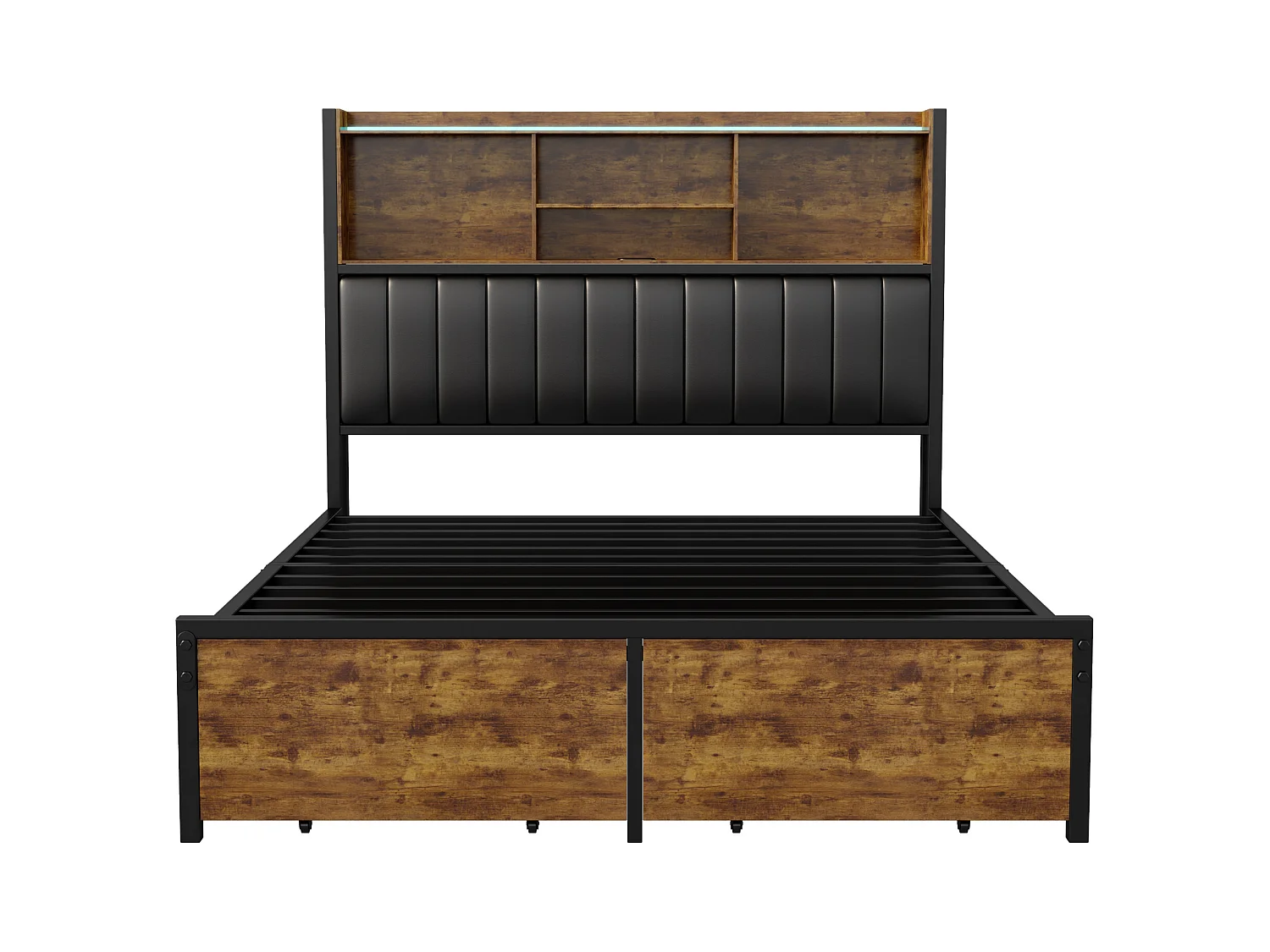 Lit Double 140x200 Cm Avec LED, Cadre Métal, 2 Tiroirs, Tête Avec Rangement, Sommier Lattes