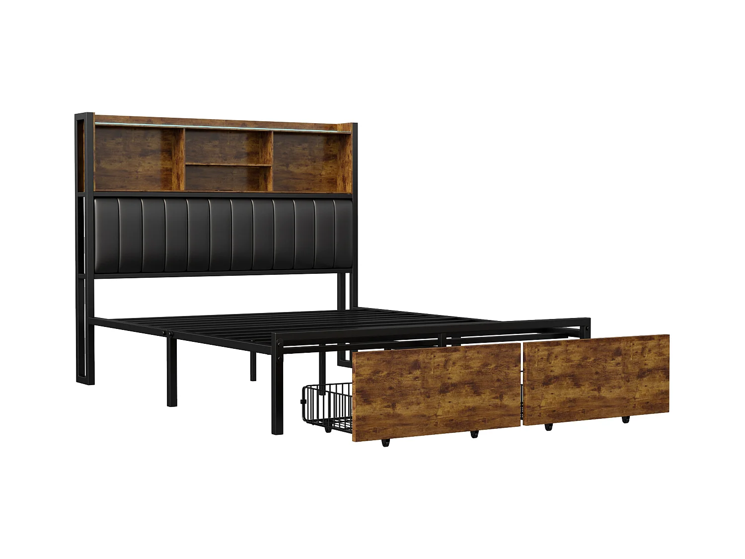 Lit Double 140x200 Cm Avec LED, Cadre Métal, 2 Tiroirs, Tête Avec Rangement, Sommier Lattes