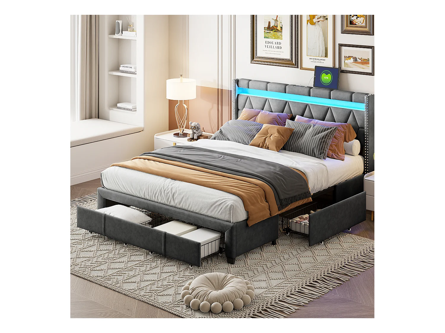 Lit Rembourré Lit Double 160x200cm Avec 4 Tiroirs Et LED, USB, Cadre De Lit, Lin Gris