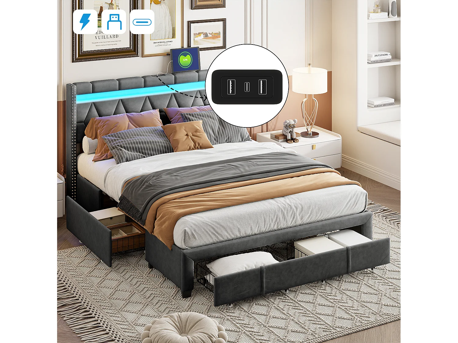 Lit Rembourré Lit Double 160x200cm Avec 4 Tiroirs Et LED, USB, Cadre De Lit, Lin Gris