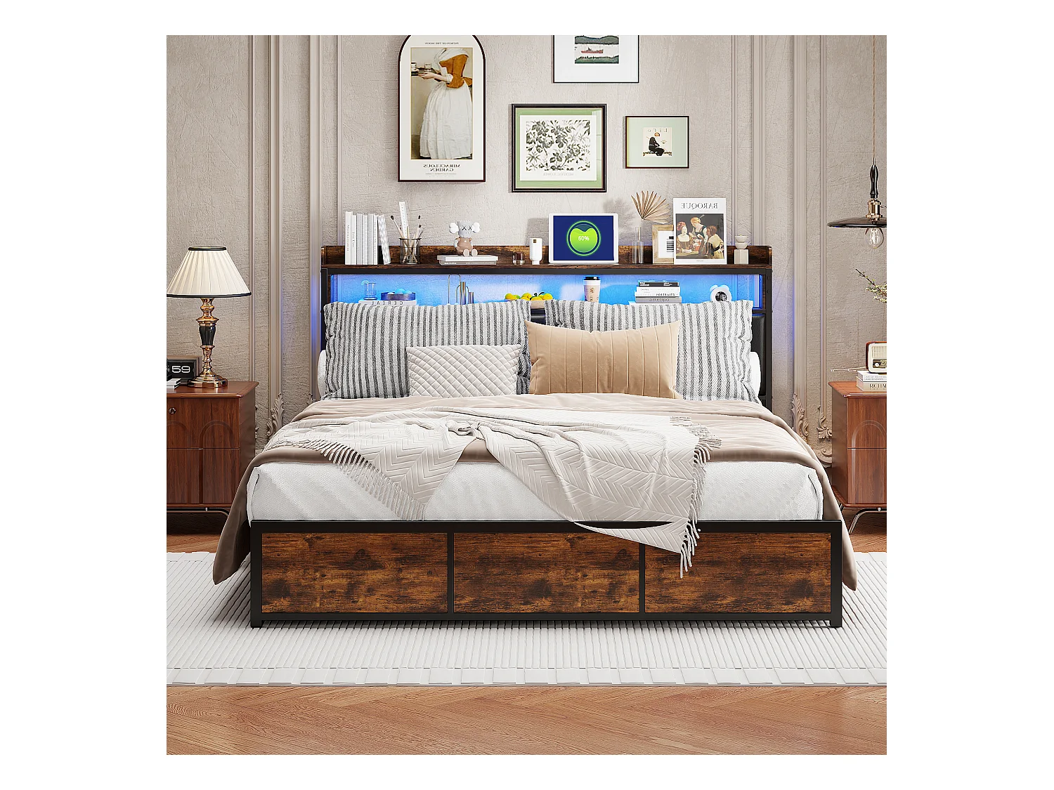 Lit Double 140x200 Cm Avec LED, 4 Tiroirs, Tête De Lit Avec Rangements, Revêtement Pu Noir