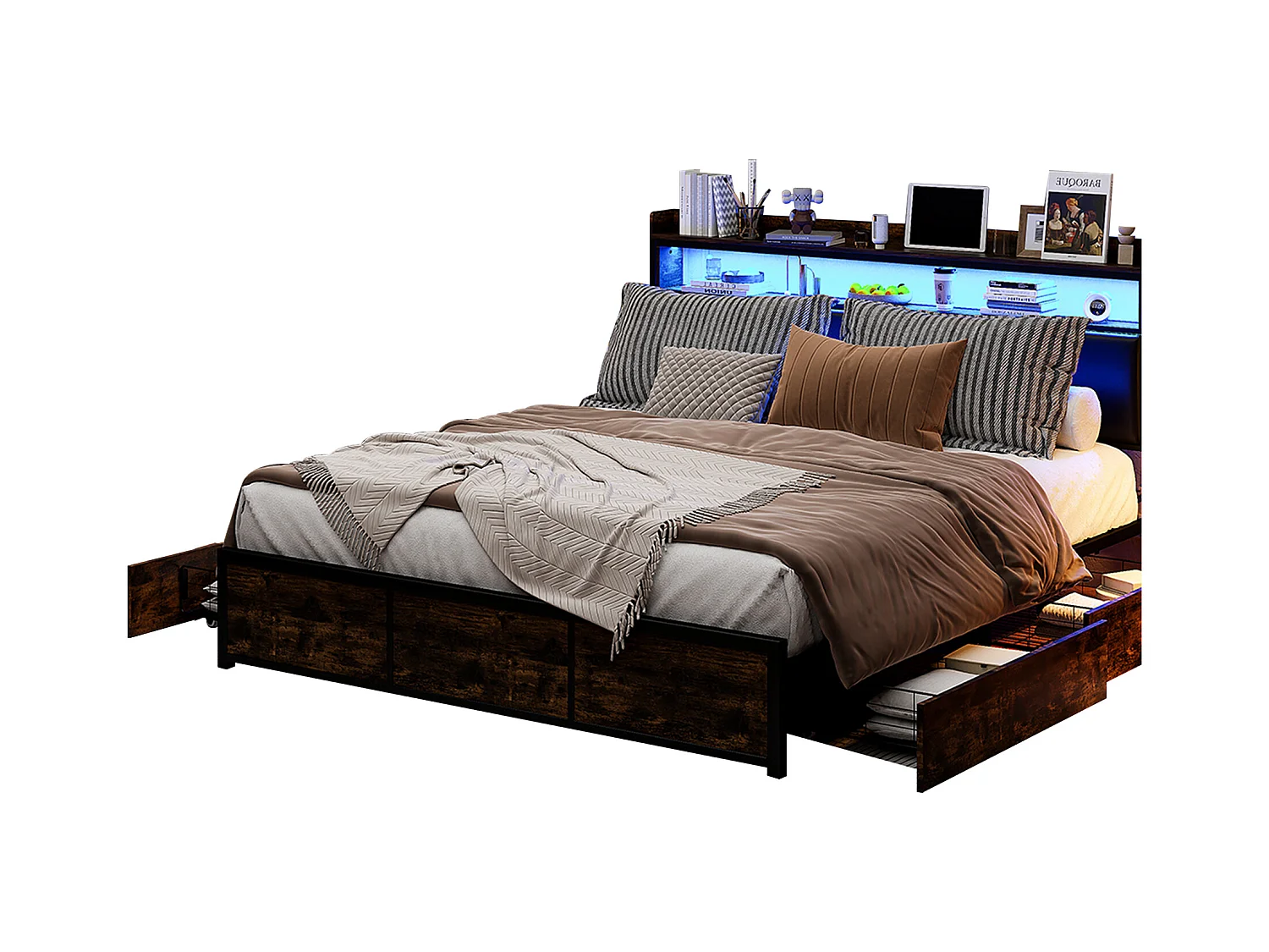Lit Double 140x200 Cm Avec LED, 4 Tiroirs, Tête De Lit Avec Rangements, Revêtement Pu Noir
