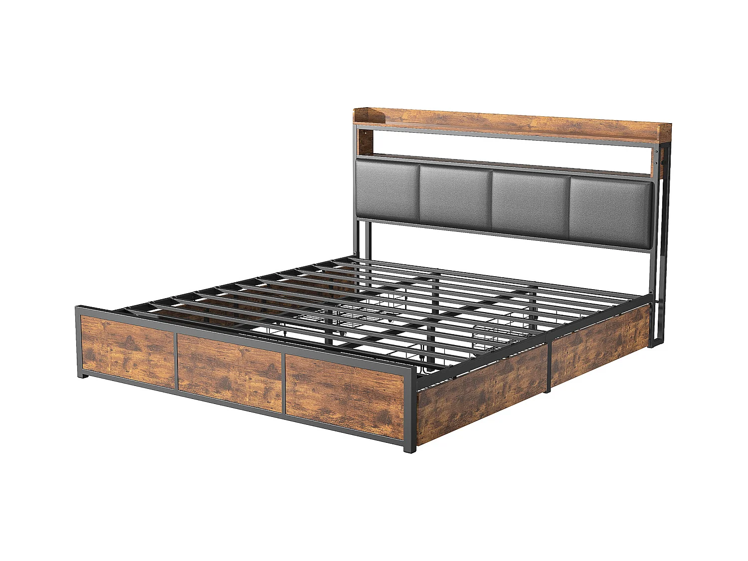 Lit Double 140x200 Cm Avec LED, 4 Tiroirs, Tête De Lit Avec Rangements, Revêtement Pu Noir