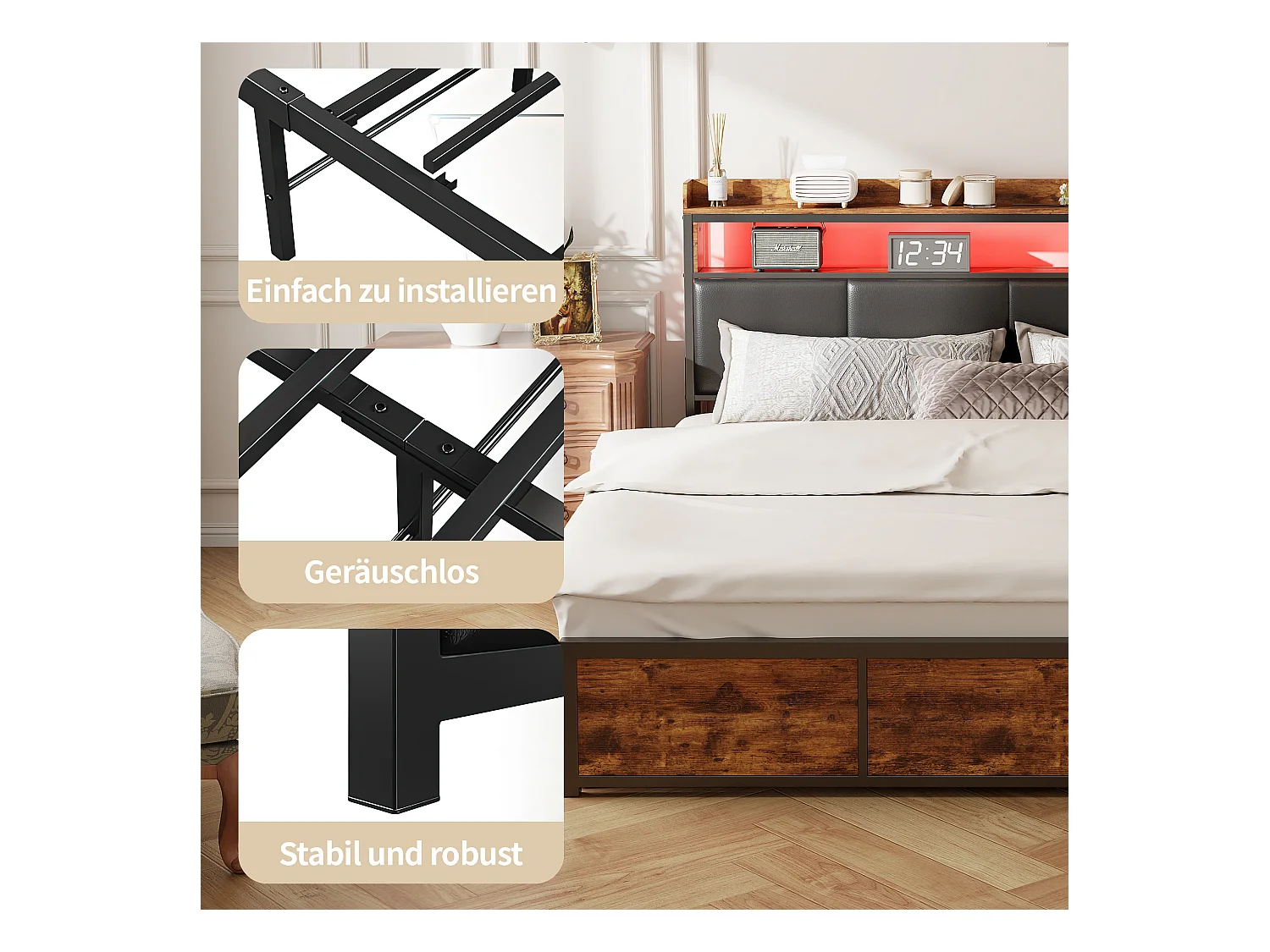 Lit Double 140x200 Cm Avec LED, 4 Tiroirs, Tête De Lit Avec Rangements, Revêtement Pu Noir