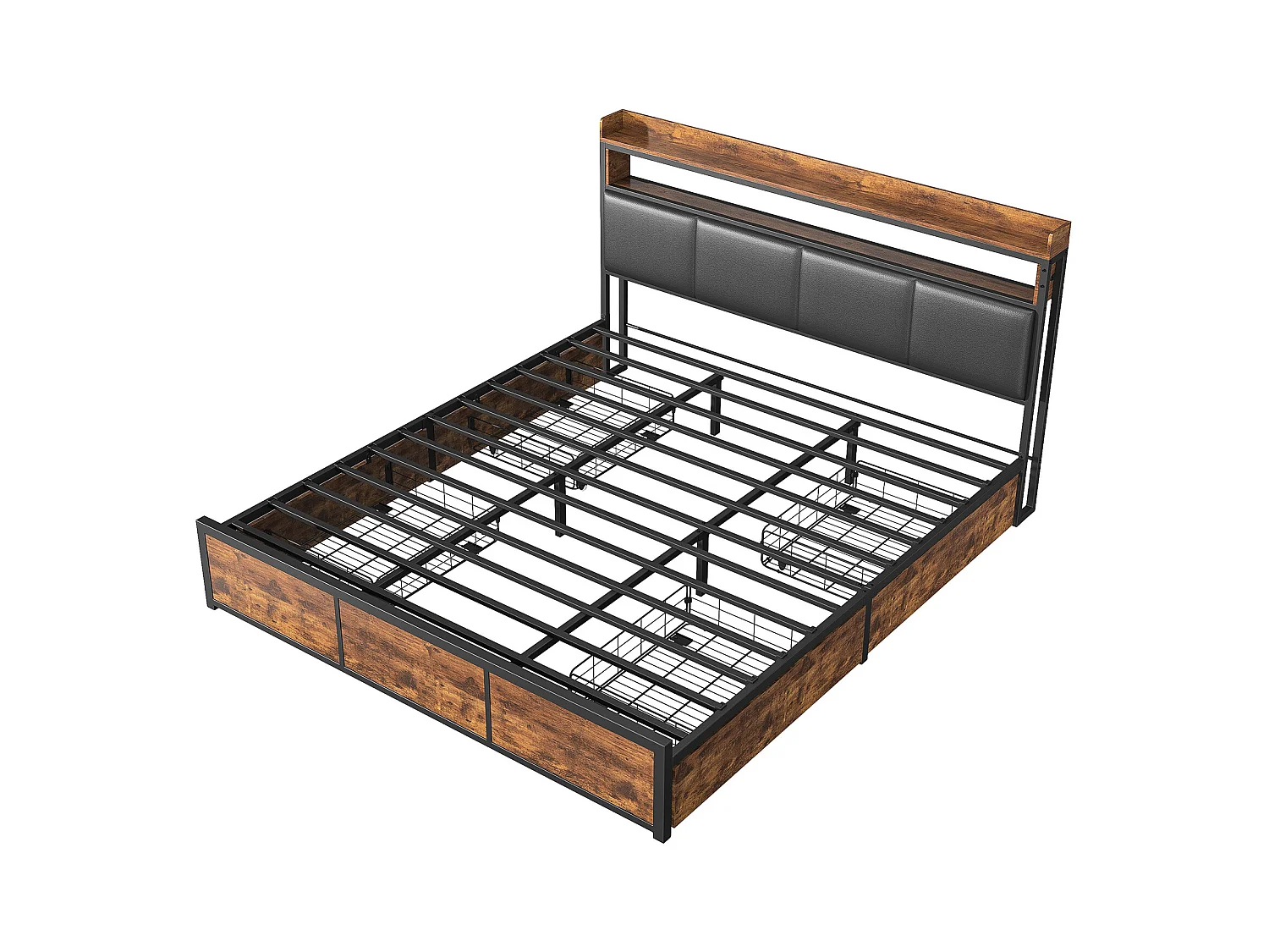 Lit Double 140x200 Cm Avec LED, 4 Tiroirs, Tête De Lit Avec Rangements, Revêtement Pu Noir
