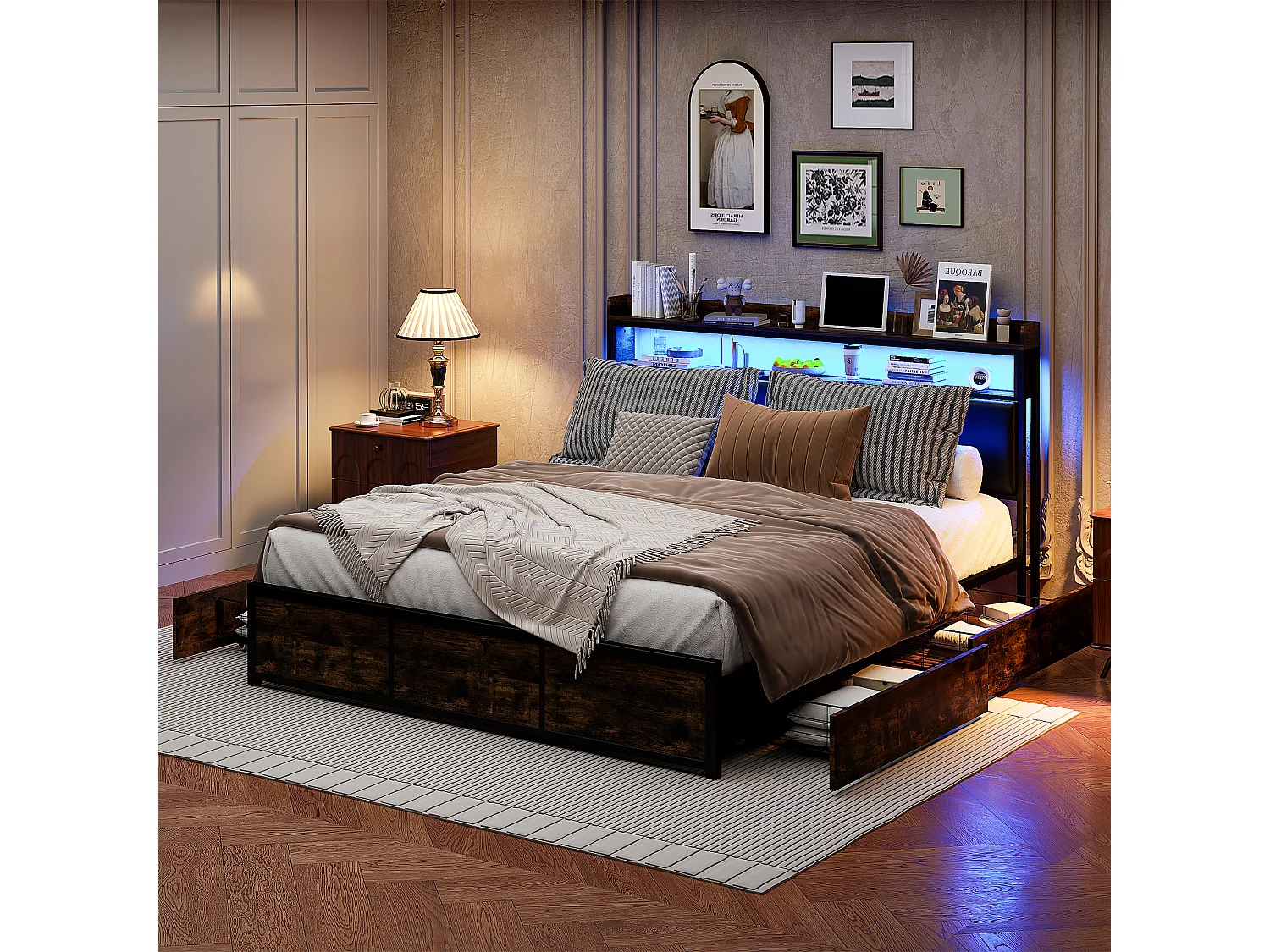 Lit Double 140x200 Cm Avec LED, 4 Tiroirs, Tête De Lit Avec Rangements, Revêtement Pu Noir