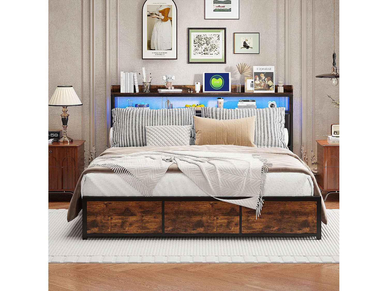 Lit Double 140x200 Cm Avec LED, 4 Tiroirs, Tête De Lit Avec Rangements, Revêtement Pu Noir