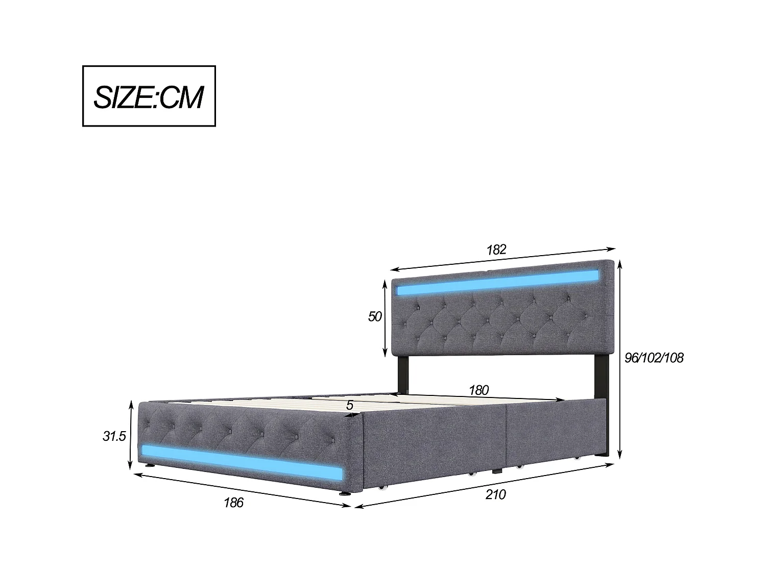 Cama para adultos de 180 x 200 cm, LED, puertos USB y tipo C, 4 cajones, tela de lino, estructura de cama, color gris