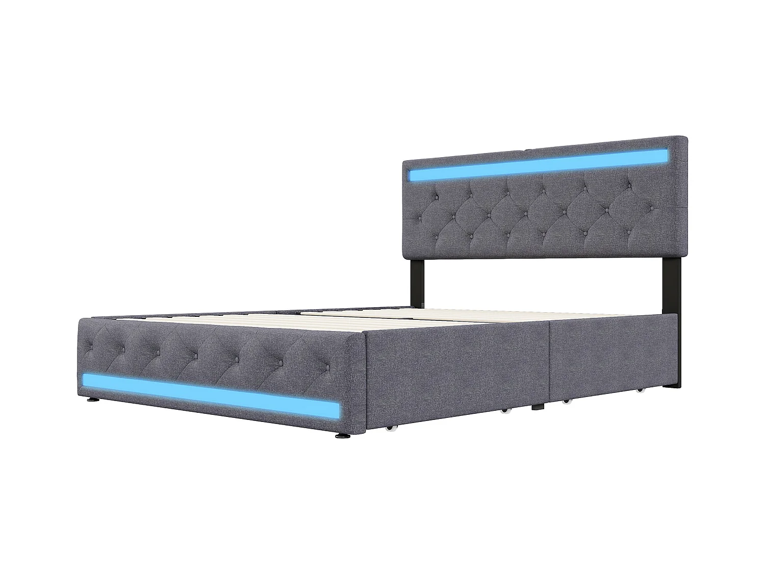 Cama para adultos de 180 x 200 cm, LED, puertos USB y tipo C, 4 cajones, tela de lino, estructura de cama, color gris
