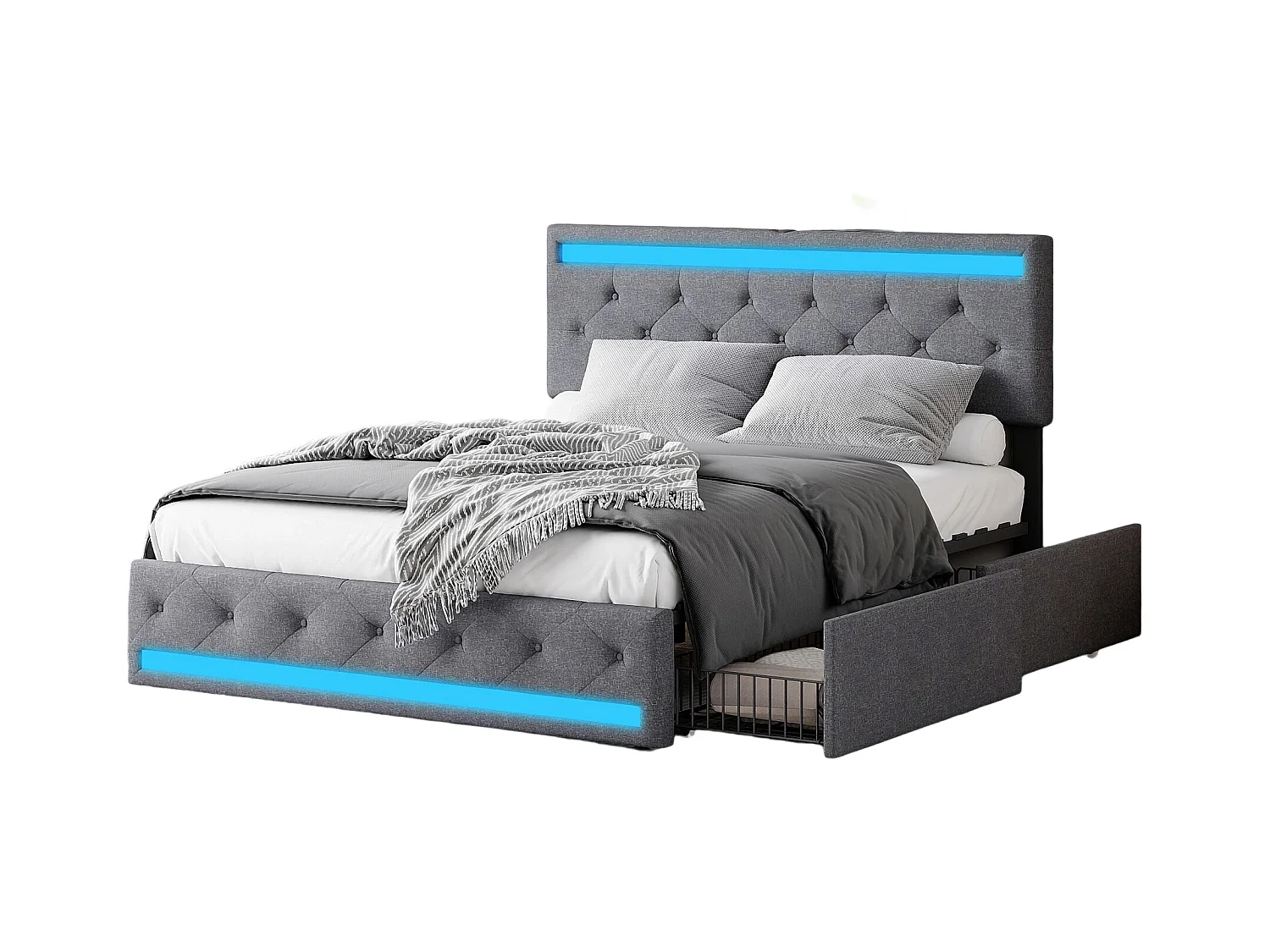 Cama de armazenamento 180x200 com USB e LED, cama estofada com 4 gavetas grandes, cama de casal, cinza