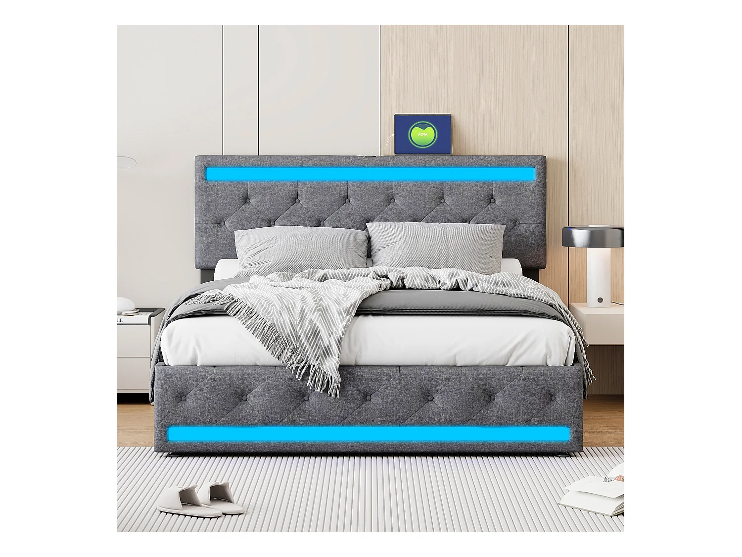 Cama de armazenamento 180x200 com USB e LED, cama estofada com 4 gavetas grandes, cama de casal, cinza