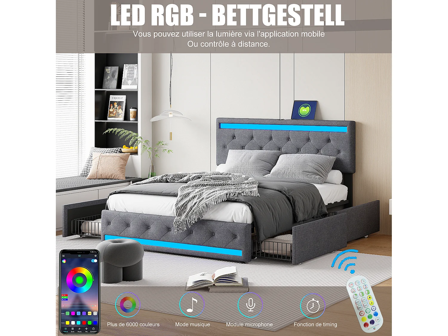Cama de armazenamento 180x200 com USB e LED, cama estofada com 4 gavetas grandes, cama de casal, cinza