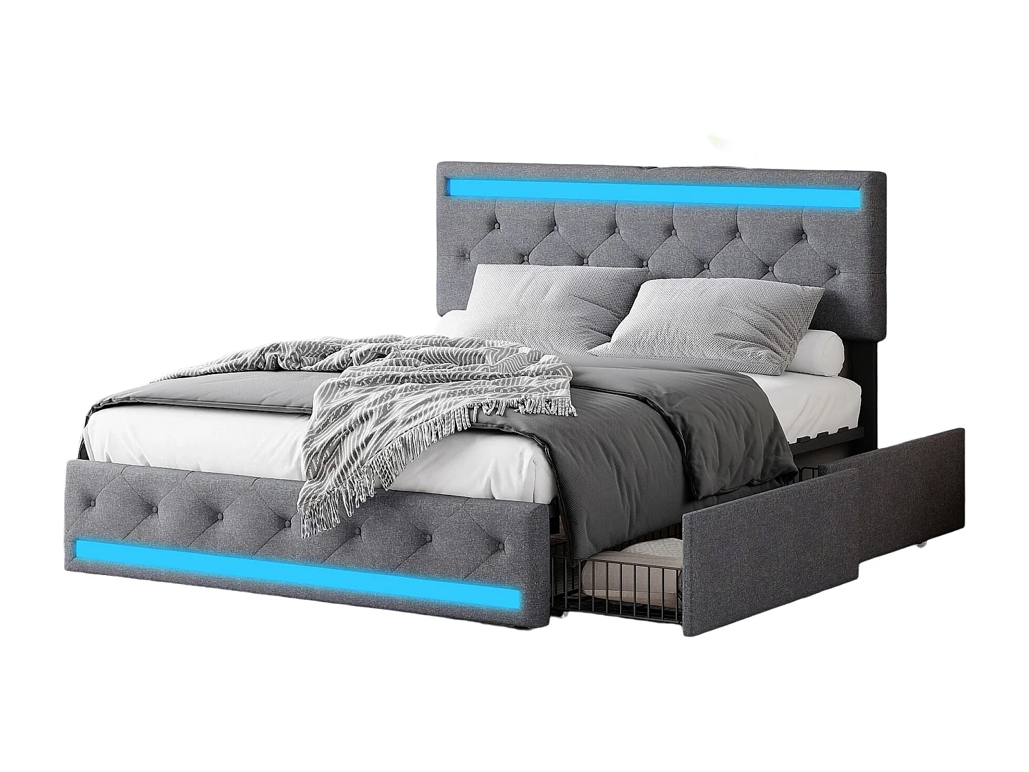 Cama de armazenamento 180x200 com USB e LED, cama estofada com 4 gavetas grandes, cama de casal, cinza