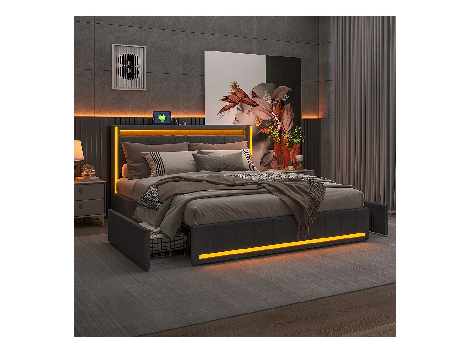 Lit Double 160x200 Cm Gris, LED, USB, 4 Tiroirs Métal, En Lin, Pratique Et Moderne Pour Adulte