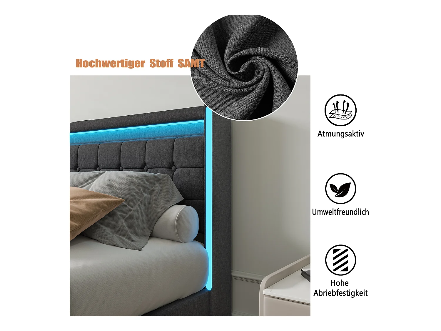 Lit Double 160x200 Cm Gris, LED, USB, 4 Tiroirs Métal, En Lin, Pratique Et Moderne Pour Adulte