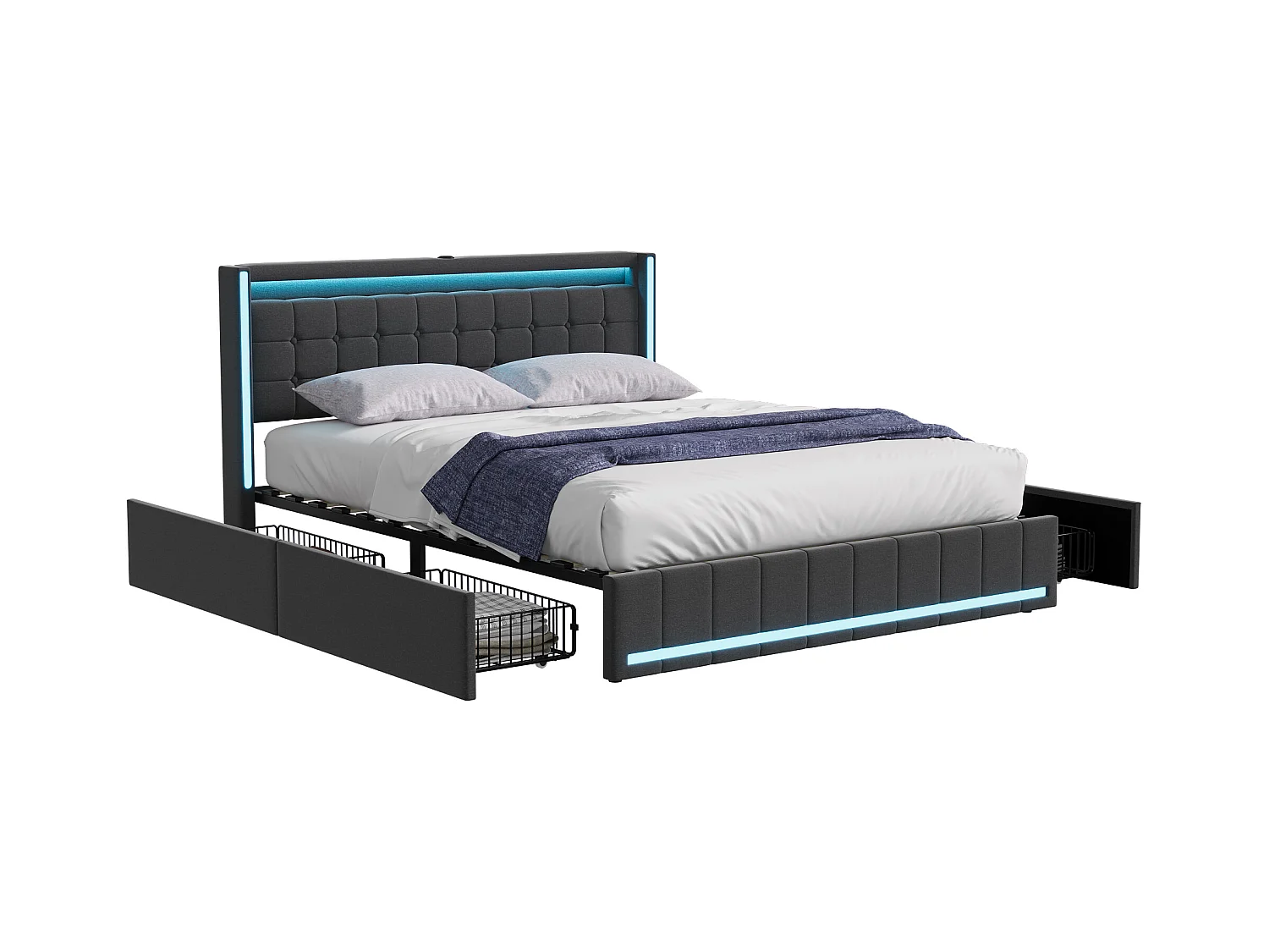 Tweepersoonsbed 160x200 cm grijs, LED, USB, 4 metalen lades, linnen, praktisch en modern voor volwassenen