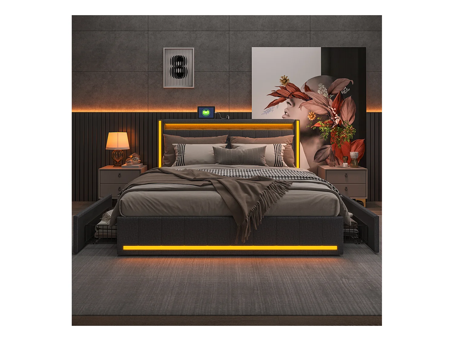 Tweepersoonsbed 160x200 cm grijs, LED, USB, 4 metalen lades, linnen, praktisch en modern voor volwassenen