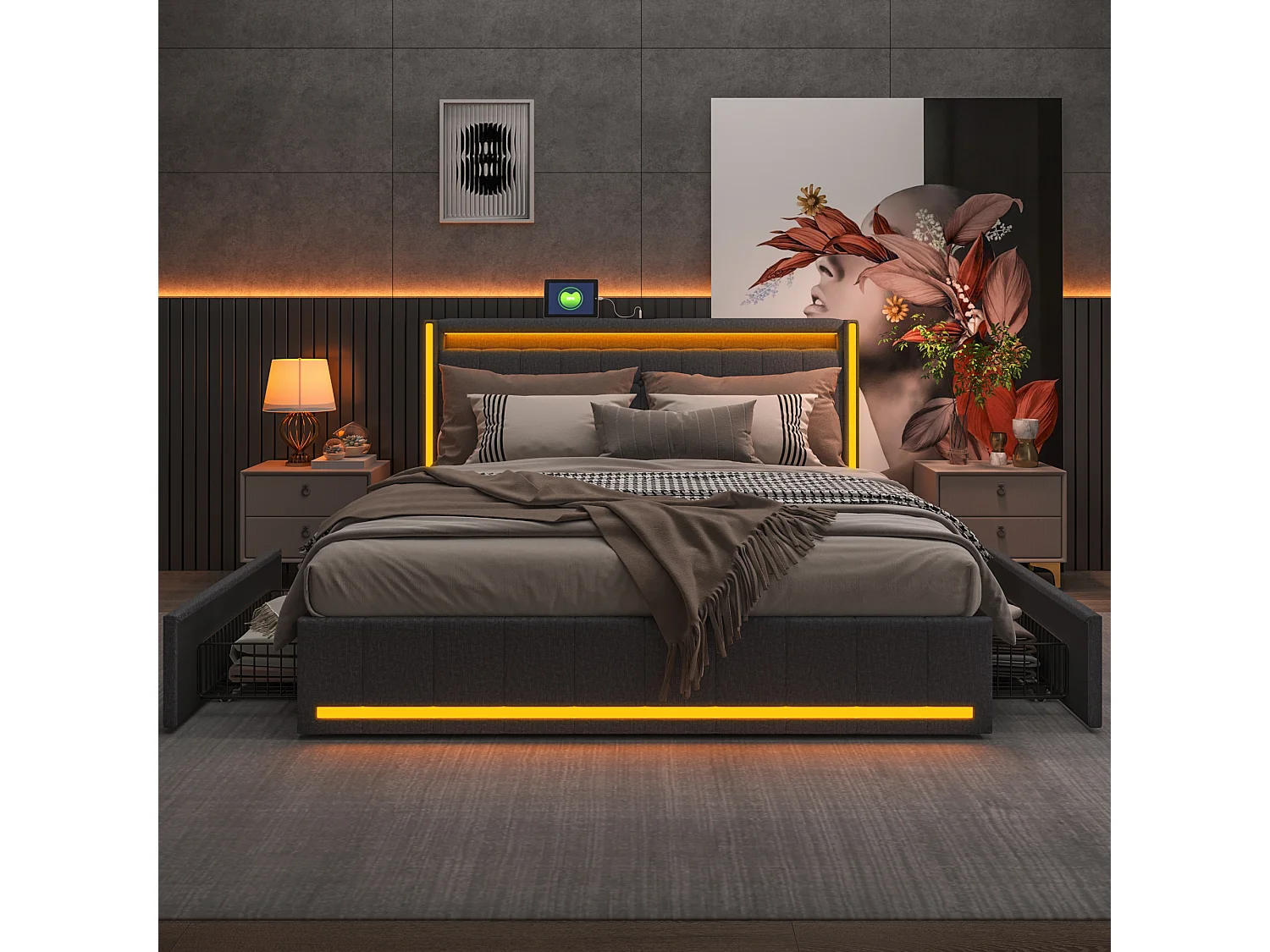 Tweepersoonsbed 160x200 cm grijs, LED, USB, 4 metalen lades, linnen, praktisch en modern voor volwassenen