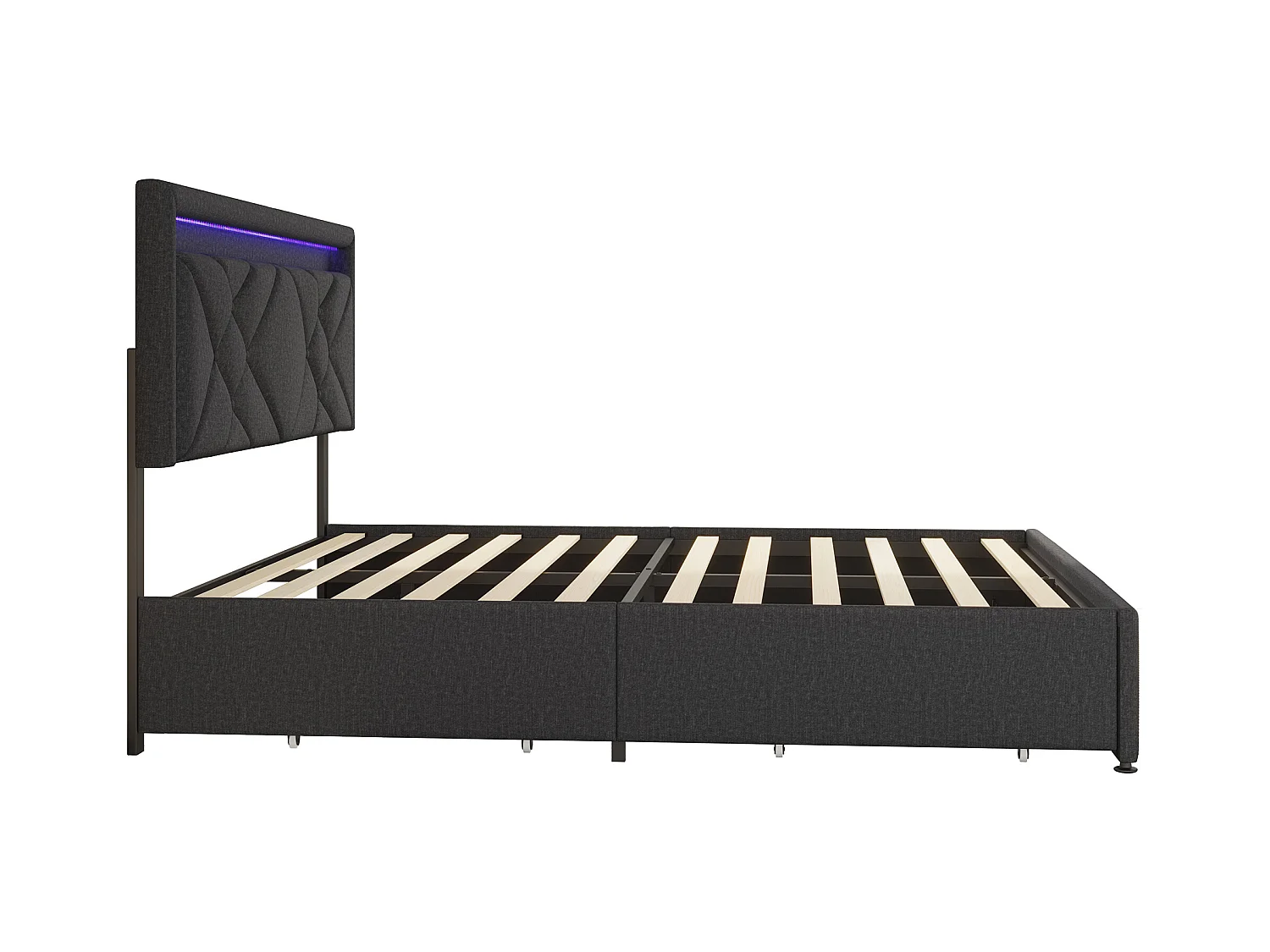Cama 140x200 com base e 4 gavetas, cama com arrumação 140x200 com LED, porta USB Tipo C, linho, cinza