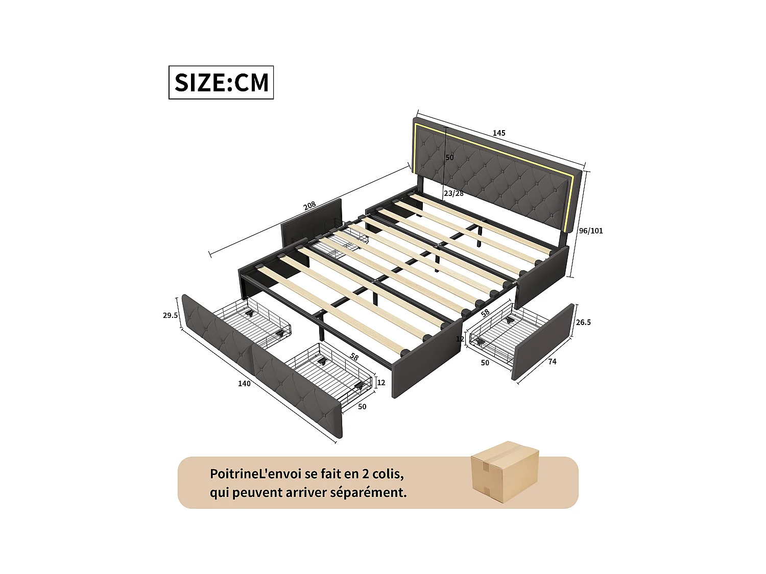 Tweepersoonsbed voor volwassenen 140x200 cm, 4 lades, gestoffeerd met led-verlichting, lattenbodem, grijs PU.