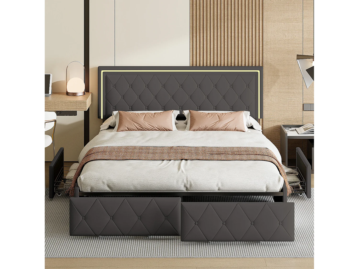 Tweepersoonsbed voor volwassenen 140x200 cm, 4 lades, gestoffeerd met led-verlichting, lattenbodem, grijs PU.