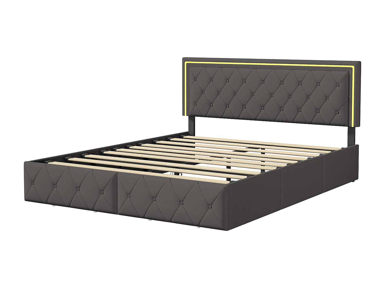 Tweepersoonsbed voor volwassenen 140x200 cm, 4 lades, gestoffeerd met led-verlichting, lattenbodem, grijs PU.