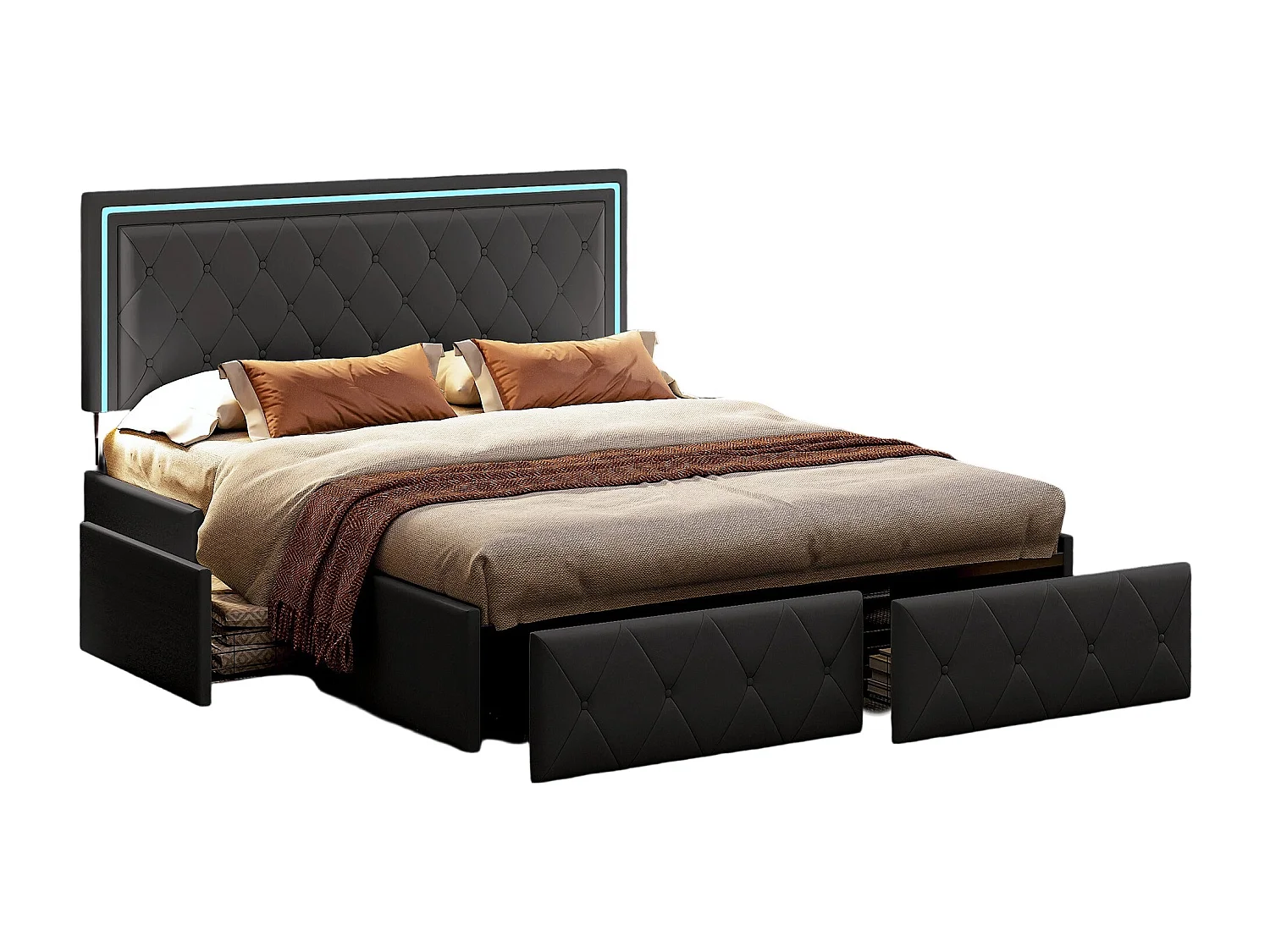 Tweepersoonsbed voor volwassenen 140x200 cm, 4 lades, gestoffeerd met led-verlichting, lattenbodem, grijs PU.