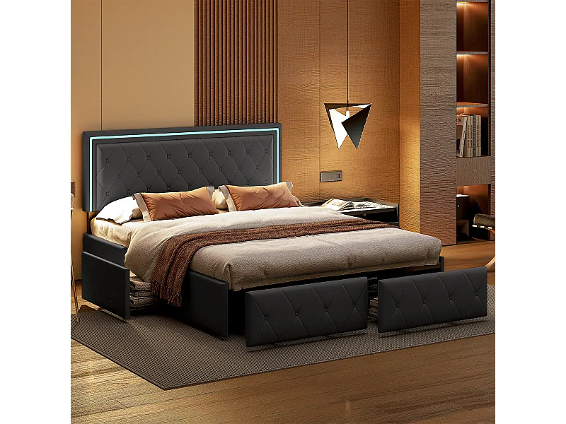 Tweepersoonsbed voor volwassenen 140x200 cm, 4 lades, gestoffeerd met led-verlichting, lattenbodem, grijs PU.