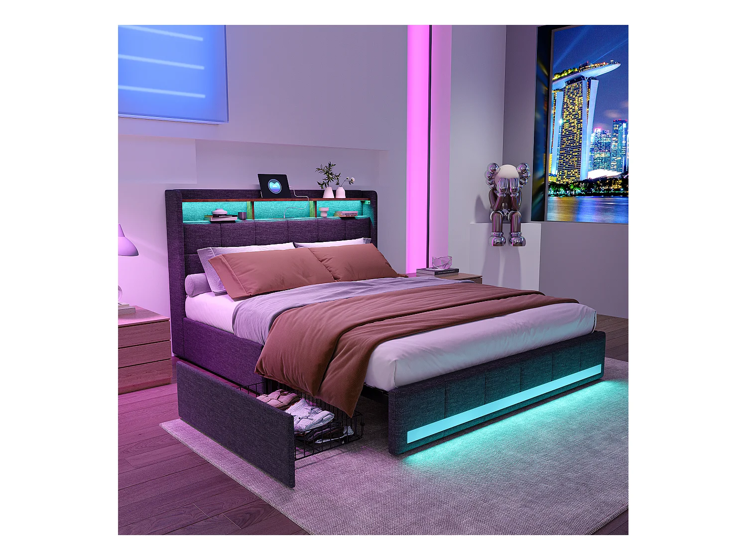 Cama doble de 160 x 200 cm en lino gris, 4 cajones, LED, estantes, puertos USB/Tipo C y somier de láminas de madera.