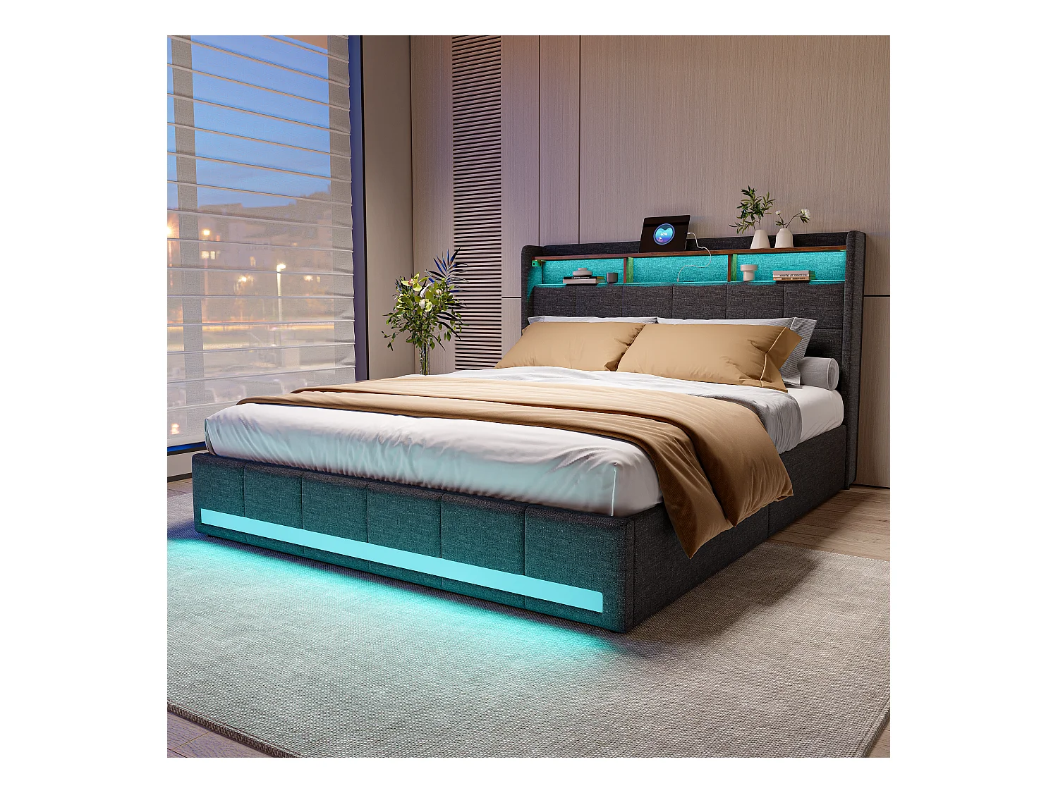 Cama doble de 160 x 200 cm en lino gris, 4 cajones, LED, estantes, puertos USB/Tipo C y somier de láminas de madera.