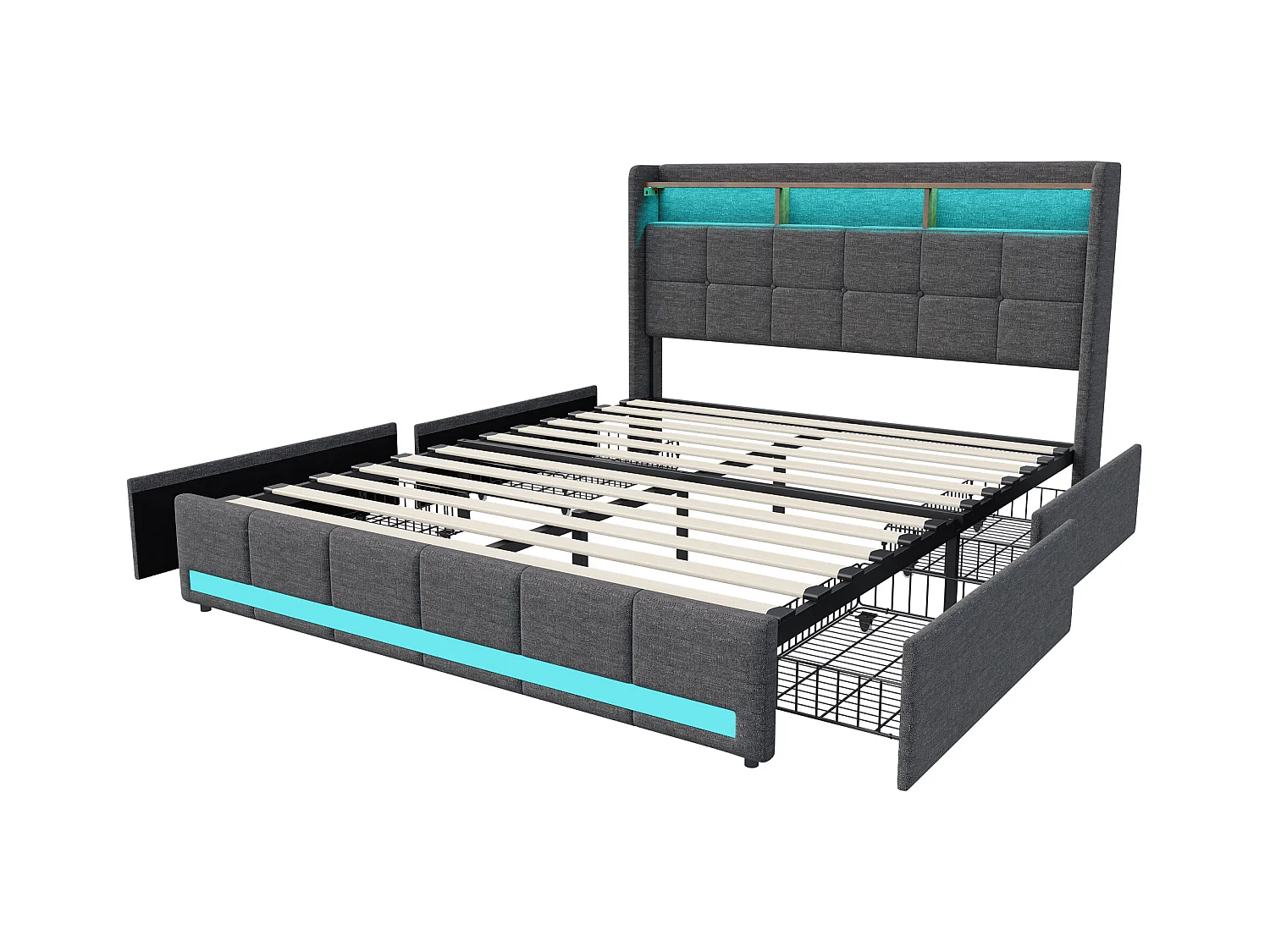 Cama doble de 160 x 200 cm en lino gris, 4 cajones, LED, estantes, puertos USB/Tipo C y somier de láminas de madera.