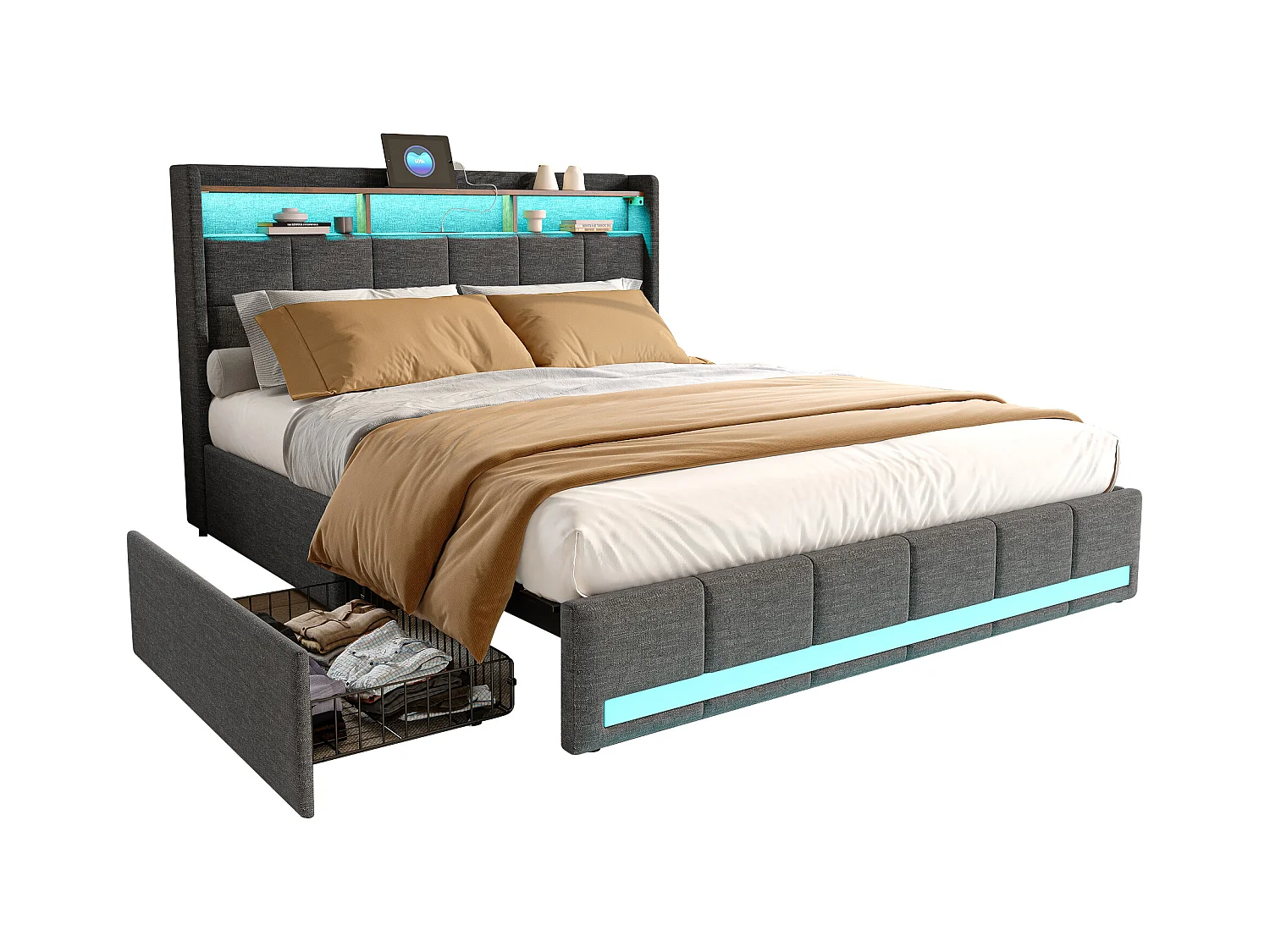 Cama doble de 160 x 200 cm en lino gris, 4 cajones, LED, estantes, puertos USB/Tipo C y somier de láminas de madera.