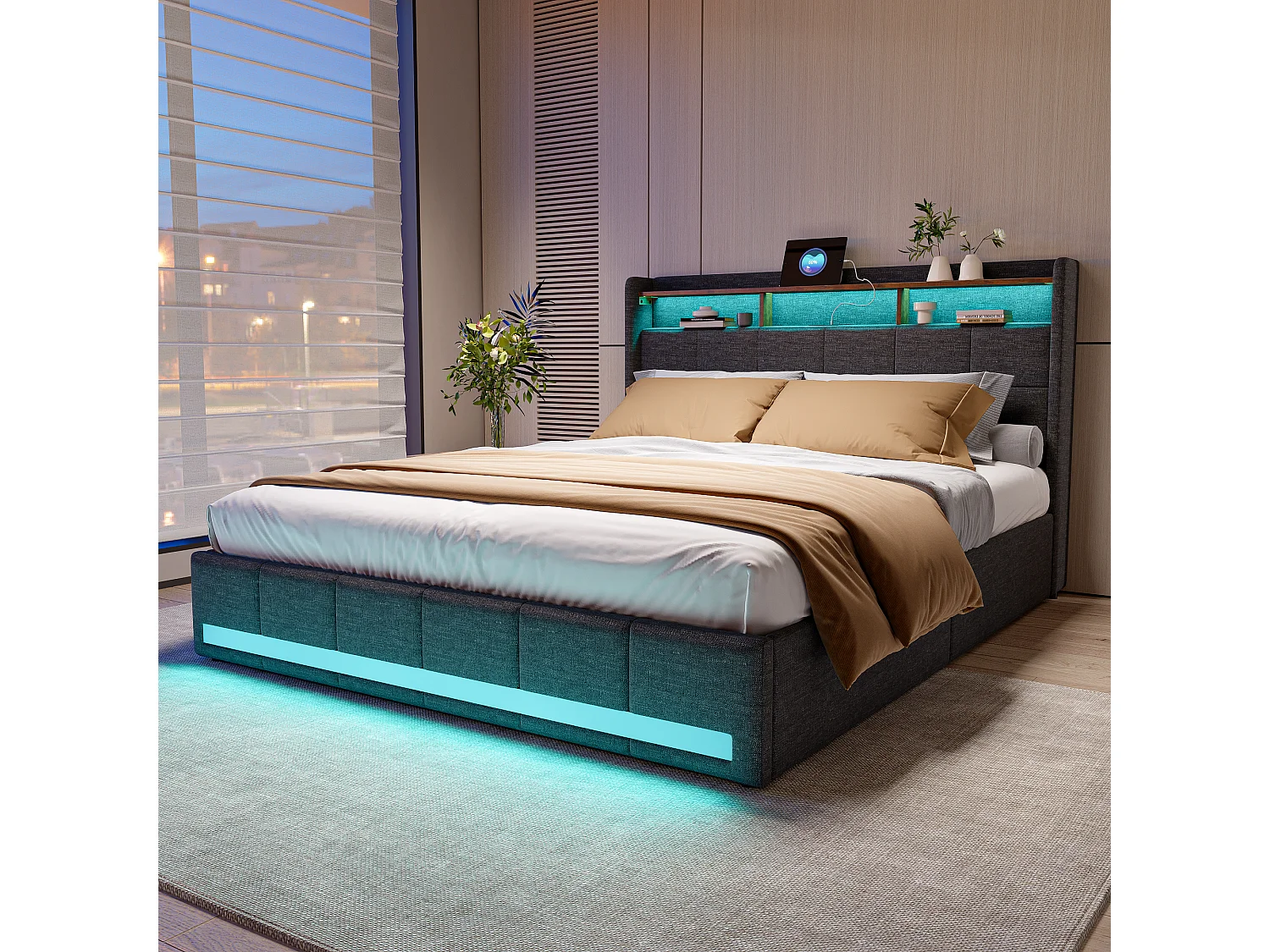 Doppelbett 160x200 cm aus grauem Leinen, 4 Schubladen, LED, Regale, USB-/Typ-C-Anschlüsse, Lattenrost aus Holz