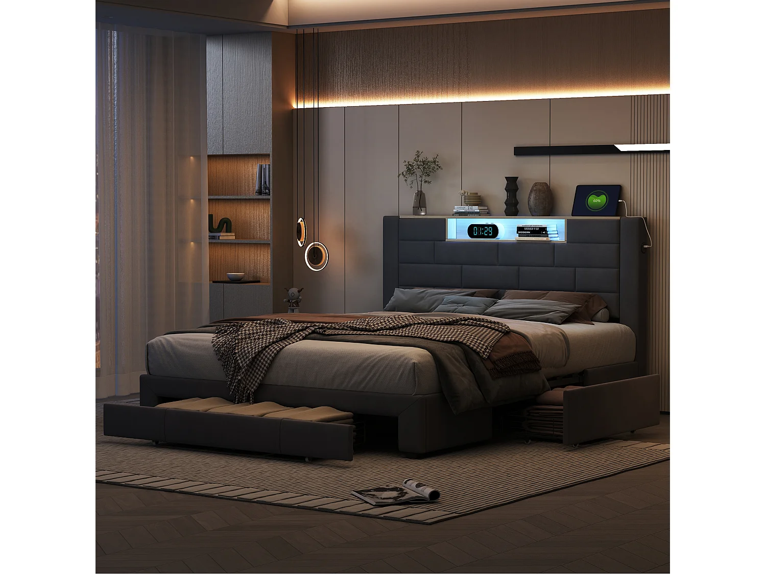 Lit Double 140x200 Cm, Velours Gris, LED Tête De Lit, 3 Tiroirs, USB, Sommier Bois, Fonctionnel