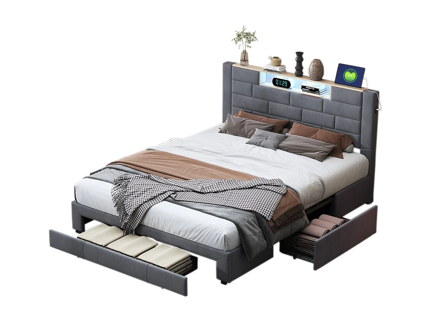 Lit Double 140x200 Cm, Velours Gris, LED Tête De Lit, 3 Tiroirs, USB, Sommier Bois, Fonctionnel